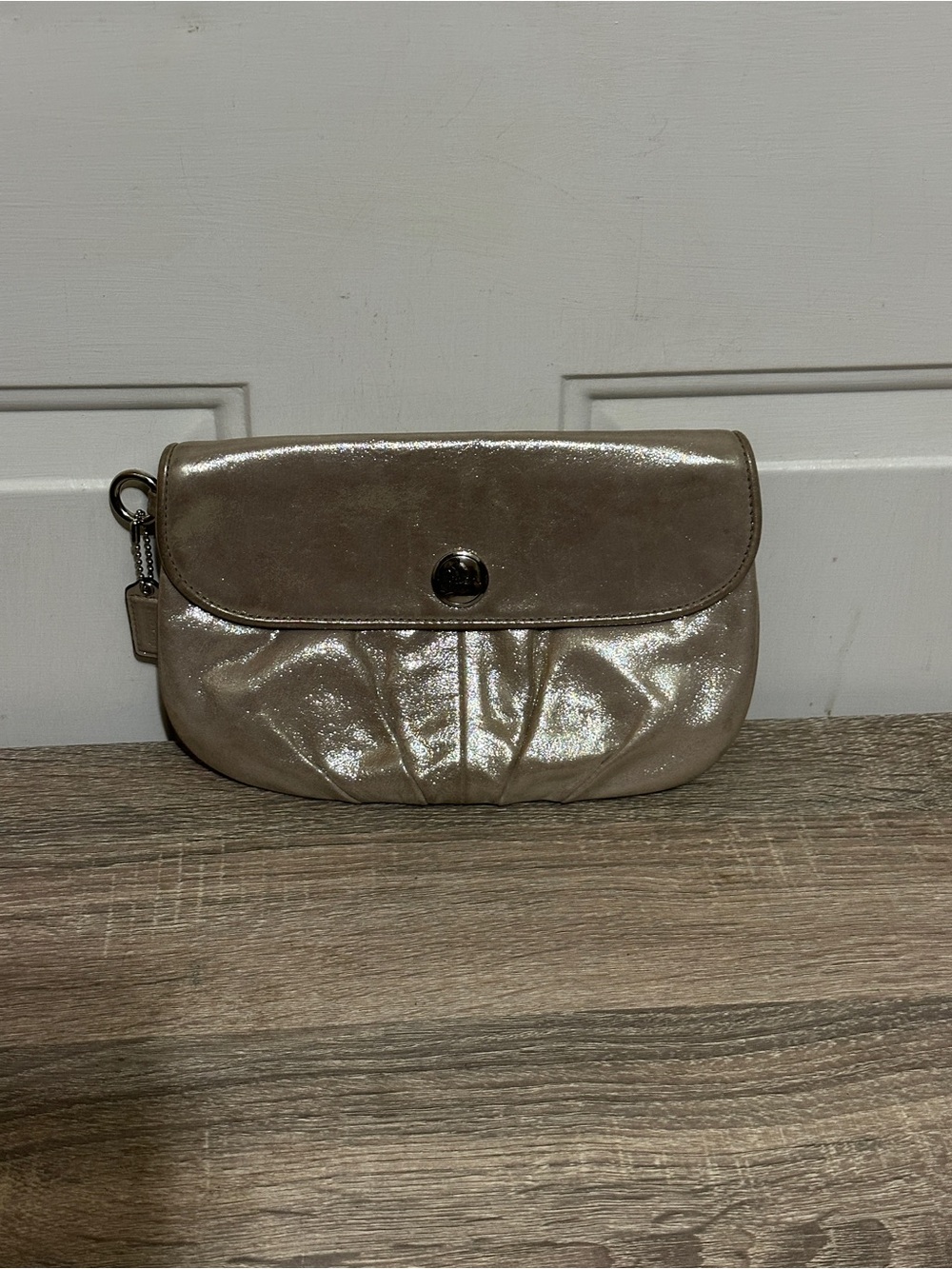 COACH Wristlet Shimmer Metallic Champagne Gold Pleated Leather Clutch